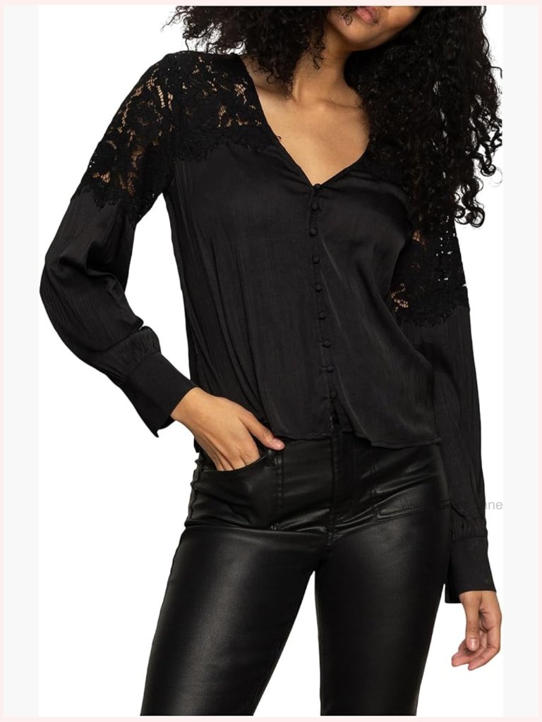 Women's Long Sleeve Blouse With Lace Detail, Crinkle Sateen